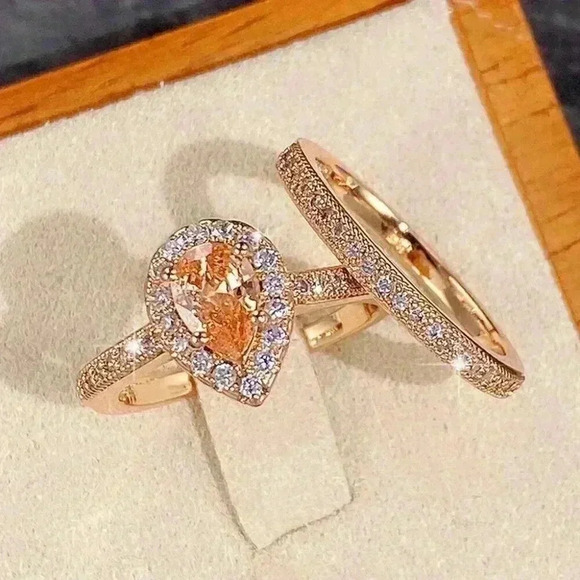 New 18k Gold Over Silver Champagne CZ 2Pc Set - Picture 3 of 7